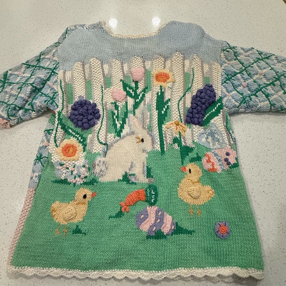 Vintage Crochet Storytelling Spring Bunny Chicks Cardigan Size L Eagle Eye 1995 - Picture 3 of 16